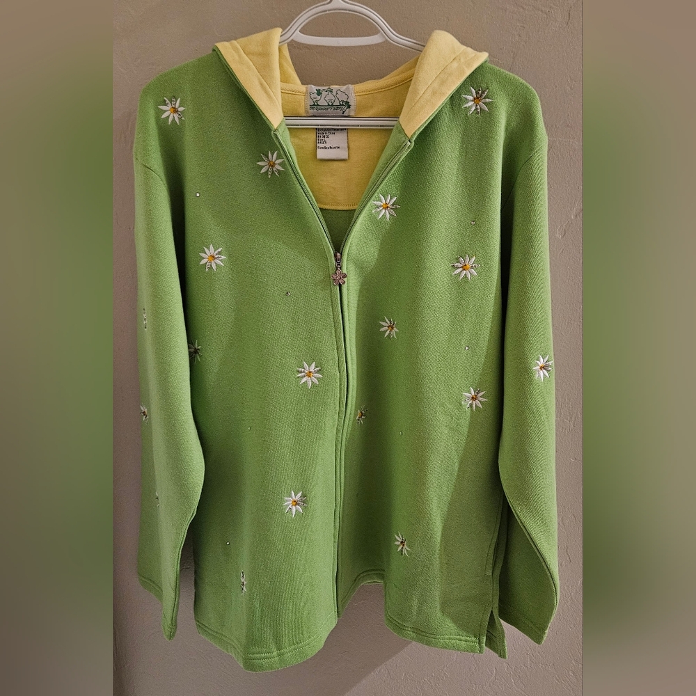 Quacker Factory Embroidered Beaded Daisy Hoodie Green Zip Size Large